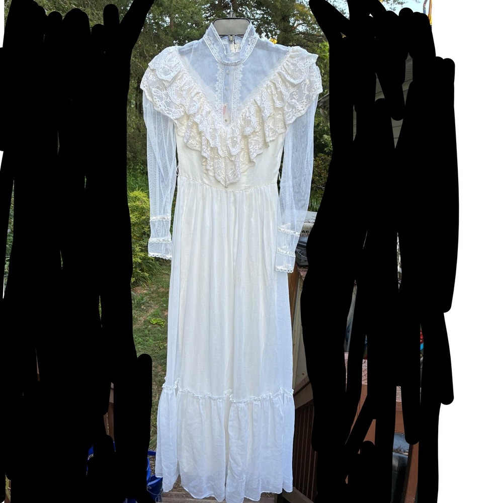 Vintage Candi Jones Prairie Maxi Dress Victorian High Neck Ruffle Wedding Gown